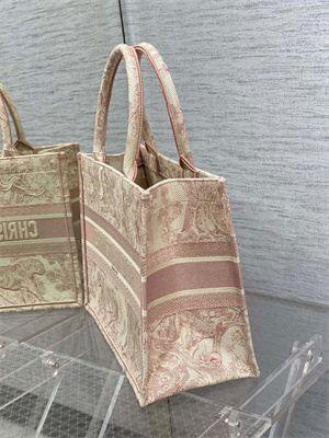 CD Medium Book Tote Toile de Jouy Embroidery Ecru and Pink