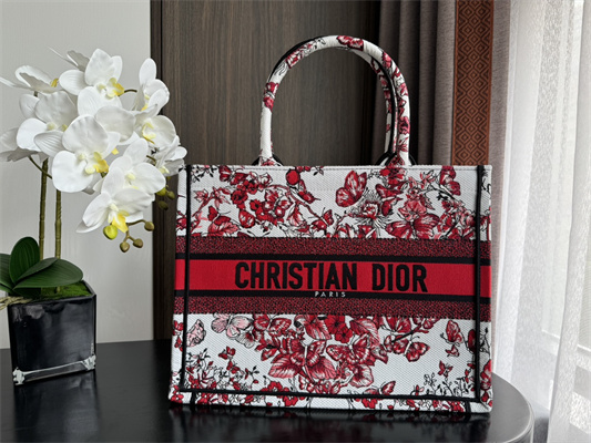 CD Medium Book Tote Le C?ur des Papillons Embroidery White and Red