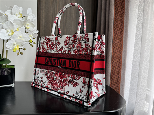 CD Medium Book Tote Le C?ur des Papillons Embroidery White and Red