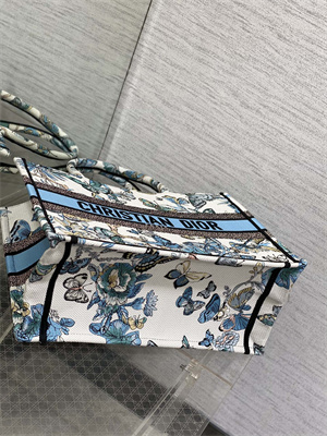 CD Medium Book Tote Toile de Jouy Mexico Embroidery White and Pastel Midnight Blue