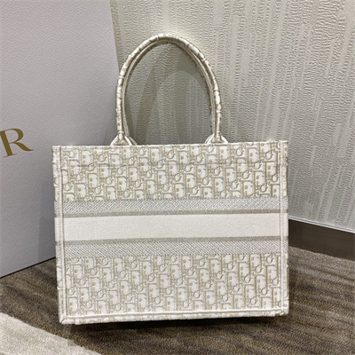 CD Medium Book Tote White and Gold Tone Oblique Embroidery