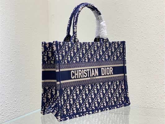 CD Medium Book Tote Ecru and Blue Oblique Embroidery