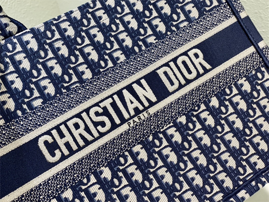 CD Medium Book Tote Ecru and Blue Oblique Embroidery