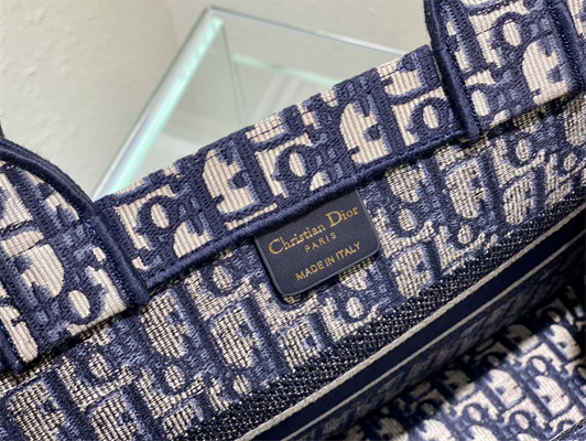 CD Medium Book Tote Ecru and Blue Oblique Embroidery