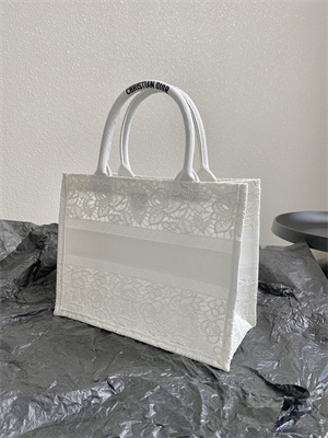 CD Medium Book Tote White D-Lace Embroidery With Macrame Effect