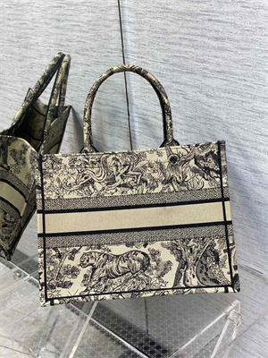 CD Medium Book Tote Toile de Jouy Embroidery Beige and Black