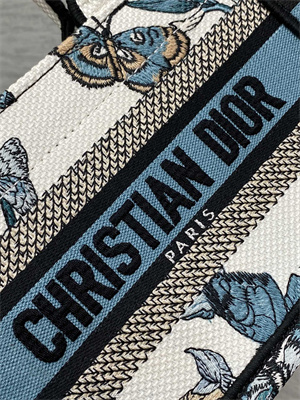 CD Mini Book Tote With Strap Toile de Jouy Mexico Embroidery White and Pastel Midnigiht Blue