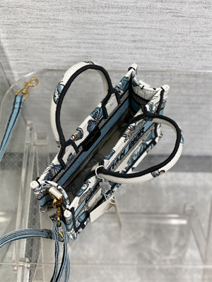 CD Mini Book Tote With Strap Toile de Jouy Mexico Embroidery White and Pastel Midnigiht Blue