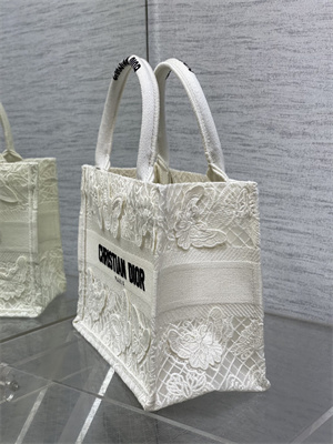 CD Small Book Tote White D-Lace Butterfly Embroidery With Macrame Effect