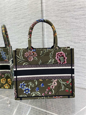 CD Small Book Tote Petites Fleurs Embroidery Kaki Green Multicolor