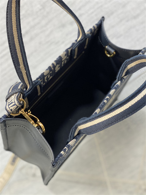 CD Small Book Tote With Strap Ecru and Blue Oblique Embroidery