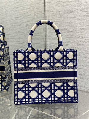 CD Small Book Tote Beige and Blue Macrocannage Embroidery