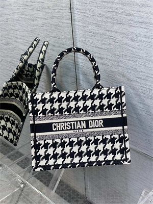 CD Small Book Tote Macro Houndstooth Embroidery Black and White