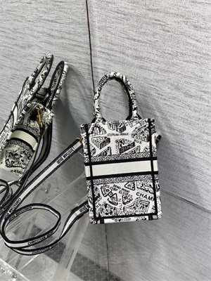 CD Mini Vertical Di.or Book Tote With Strap Plan de Paris Embroidery White and Black
