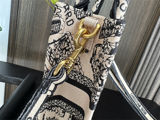CD Mini Vertical Di.or Book Tote With Strap Plan de Paris Embroidery Beige and Black