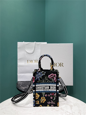 CD Mini Vertical Di.or Book Tote With Strap Petites Fleurs Embroidery Black Multicolor