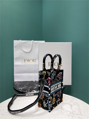 CD Mini Vertical Di.or Book Tote With Strap Petites Fleurs Embroidery Black Multicolor