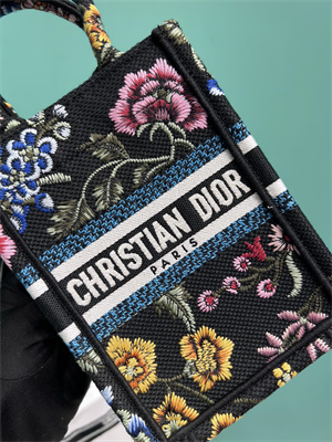 CD Mini Vertical Di.or Book Tote With Strap Petites Fleurs Embroidery Black Multicolor