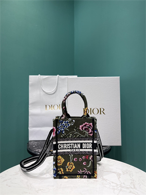 CD Mini Vertical Di.or Book Tote With Strap Petites Fleurs Embroidery Kaki Green Multicolor