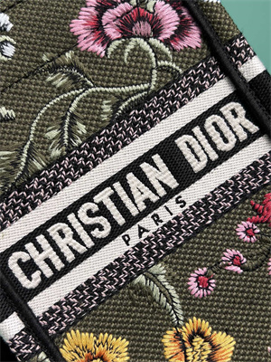 CD Mini Vertical Di.or Book Tote With Strap Petites Fleurs Embroidery Kaki Green Multicolor