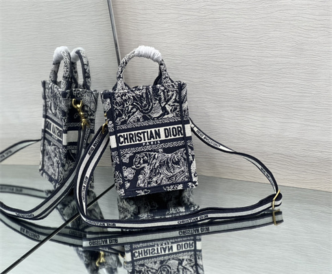 CD Mini Vertical Di.or Book Tote With Strap Blue Toile de Jouy Embroidery