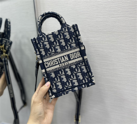 CD Mini Vertical Di.or Book Tote With Strap Blue Oblique Embroidery