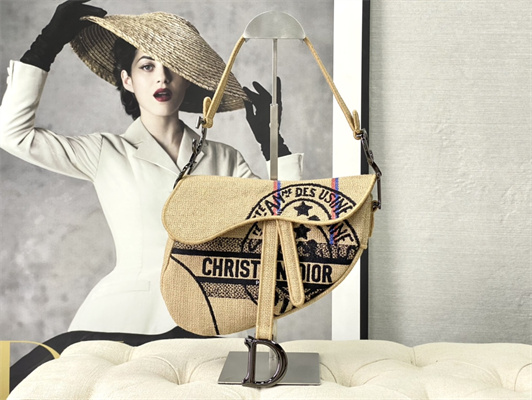 CD Saddle Bag Jute Canvas Embroidery With Dior Union Motif Beige Color