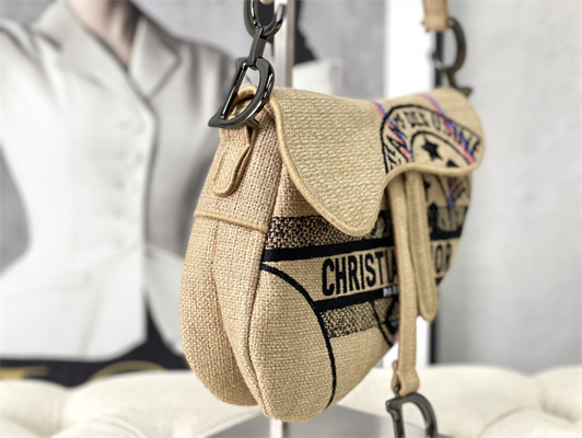 CD Saddle Bag Jute Canvas Embroidery With Dior Union Motif Beige Color