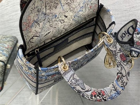 CD Medium Lady Di.or D-Lite Bag Jardin Magique Embroidery Blue and Multicolor