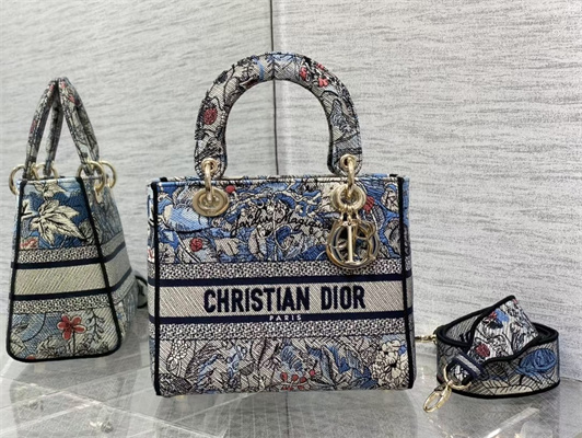 CD Medium Lady Di.or D-Lite Bag Jardin Magique Embroidery Blue and Multicolor