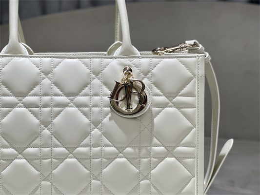 CD Medium Book Tote With Strap Macrocannage Calfskin White