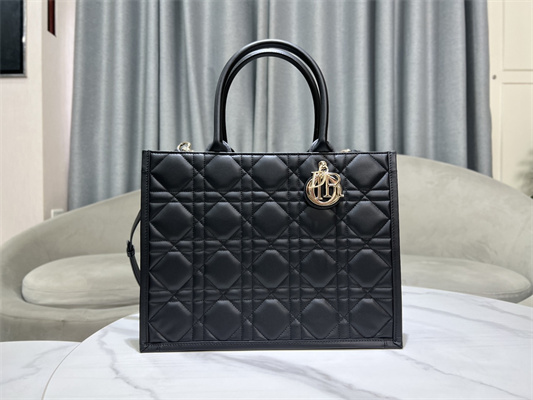 CD Medium Book Tote With Strap Macrocannage Calfskin Black