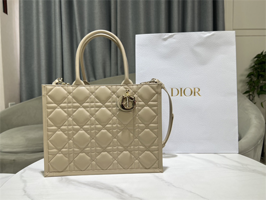 CD Medium Book Tote With Strap Macrocannage Calfskin Beige