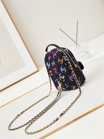 Cha.nel Mini Backpack Fabric With CC Printing Gold-Tone Metal Black AP3753