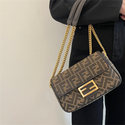 Fen.di BAGUETTE CHAIN MIDI Brown FF Jacquard Fabric Bag
