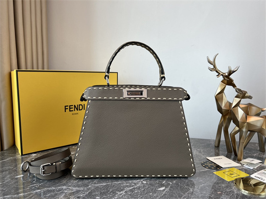 Fen.di Peekaboo Iconic ISeeU Medium Bag Cuoio Romano Leather Dk Grey Color With Topstitches
