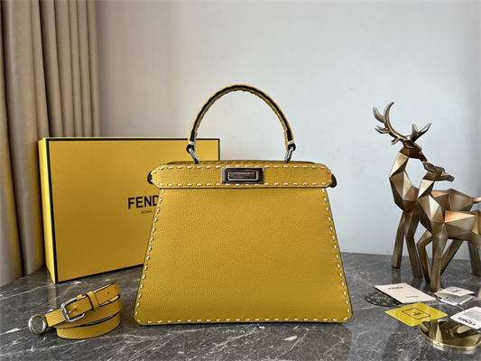 Fen.di Peekaboo Iconic ISeeU Medium Bag Cuoio Romano Leather Yellow Color With Topstitches
