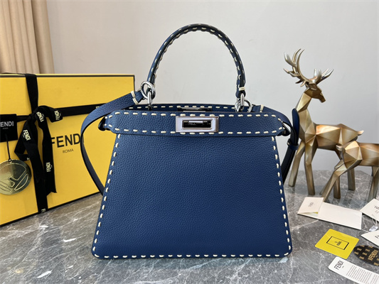 Fen.di Peekaboo Iconic ISeeU Medium Bag Cuoio Romano Leather Blue Color With Topstitches