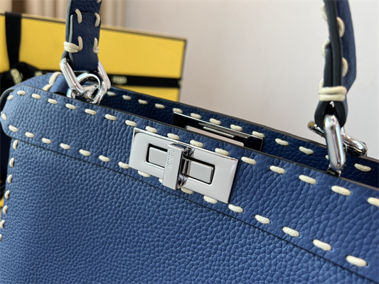 Fen.di Peekaboo Iconic ISeeU Medium Bag Cuoio Romano Leather Blue Color With Topstitches