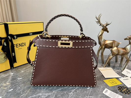 Fen.di Peekaboo Iconic ISeeU Medium Bag Cuoio Romano Leather Burgundy Color With Topstitches