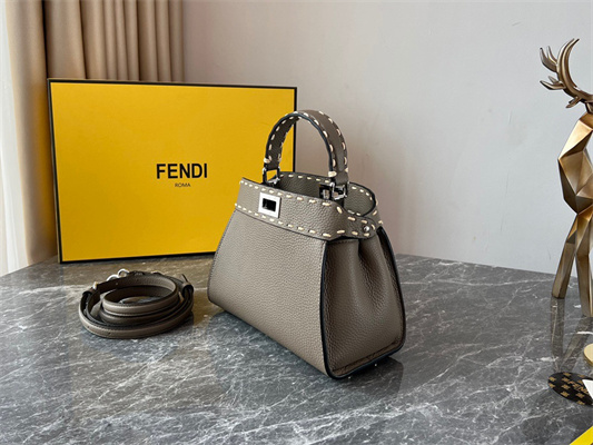 Fen.di Peekaboo Mini Bag Cuoio Romano Leather Grey Color With Topstitches