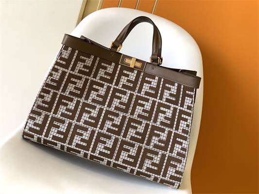 Fen.di Peekaboo X-Tote Wool Vitello King Houndstooth FF Embroidered Coffee Color