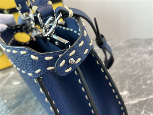 Fen.di Peekaboo Iconic ISeeU Small Bag Cuoio Romano Leather Dk Blue Color With Topstitches