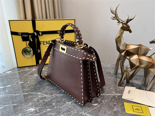 Fen.di Peekaboo Iconic ISeeU Small Bag Cuoio Romano Leather Burgundy Color With Topstitches