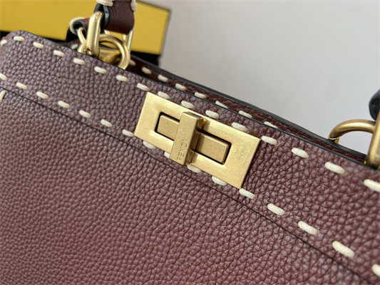 Fen.di Peekaboo Iconic ISeeU Small Bag Cuoio Romano Leather Burgundy Color With Topstitches