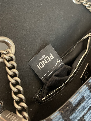 Fen.di BAGUETTE CHAIN MIDI Dk Blue Tapestry Fabric Bag With FF Motif