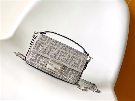 Fen.di BAGUETTE Mini Silver Leather Bag With Crystal FF Motif