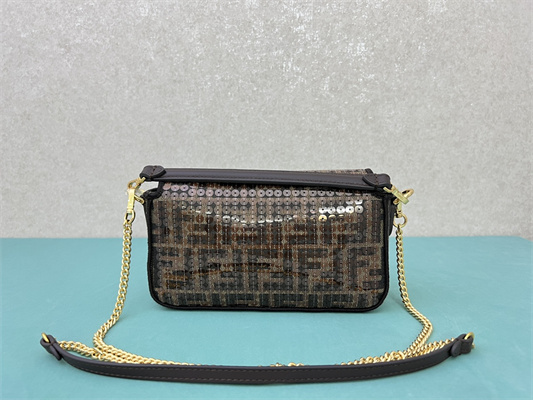 Fen.di BAGUETTE Mini Bag Brown FF Jacquard Fabric With Sequins