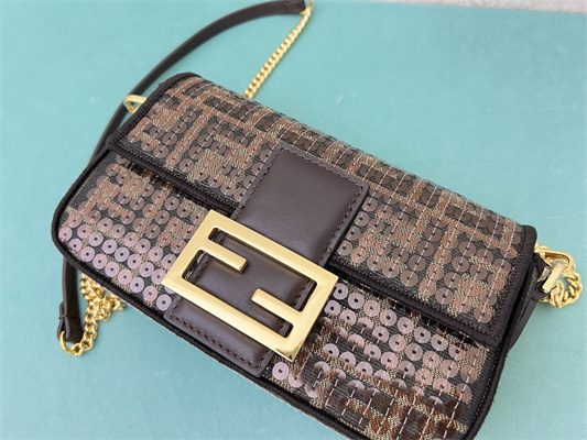 Fen.di BAGUETTE Mini Bag Brown FF Jacquard Fabric With Sequins