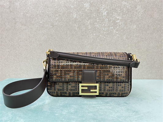 Fen.di BAGUETTE Bag Brown FF Jacquard Fabric With Sequins
